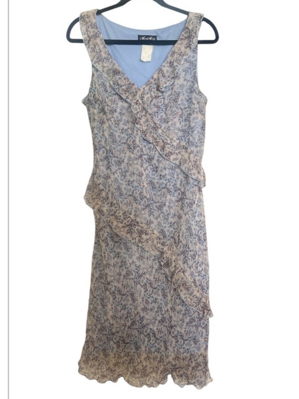 Y2K Meghan Matthews Blue/Brown Floral Ruffle Dress Sleeveless Midi